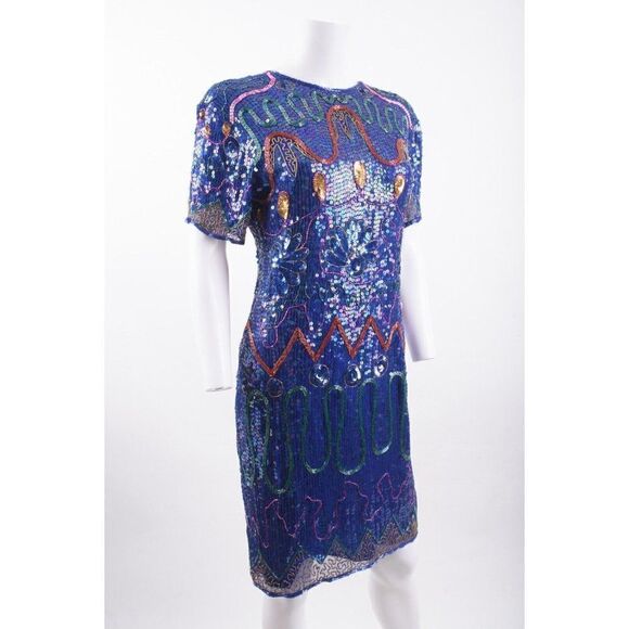 Vintage Jon Charles Womans Sequin Dress Size P Blue Silk Evening Cocktail Glam - Picture 2 of 6